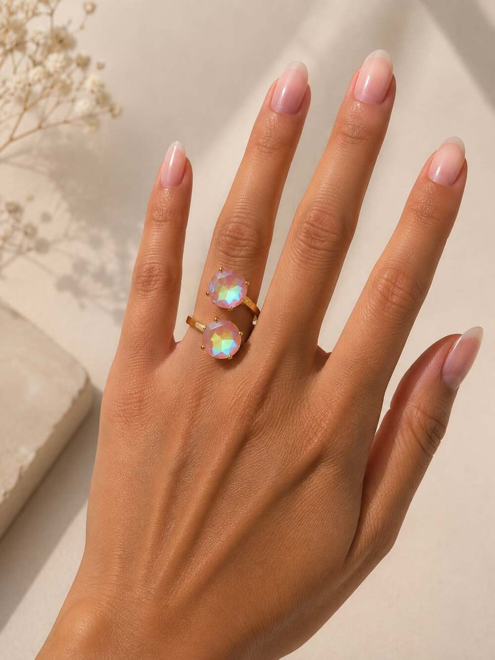 Iridescent Aurora Borealis Crystal Double Stone Ring Size 7 - Picture 3 of 3